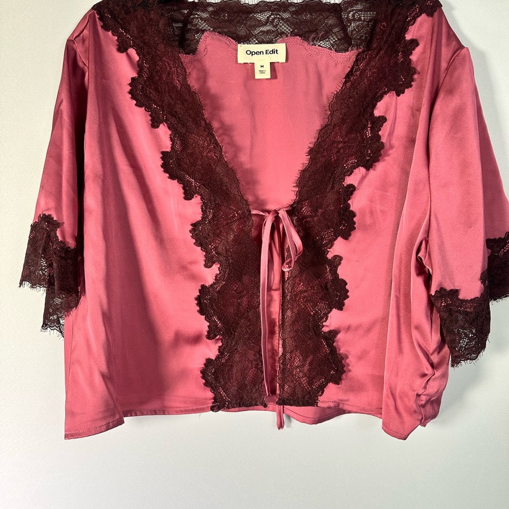 Open Edit Women's Satin Lace Trim Crop Top -‎
